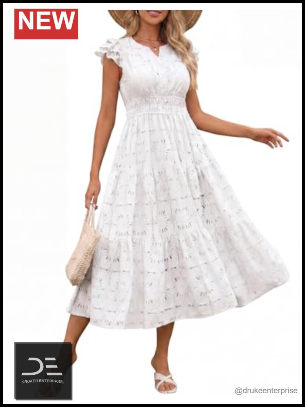 Womens Midi Dress V Neck Smocked Tiered Ruffle Sleeve Casual Beach Wedding Guest